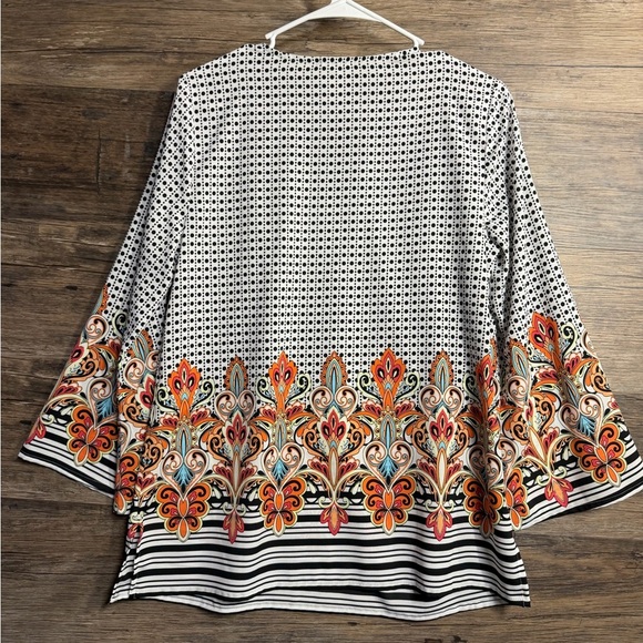 Chico's Black and White Blouse with Orange Floral Accents - Picture 2 of 8